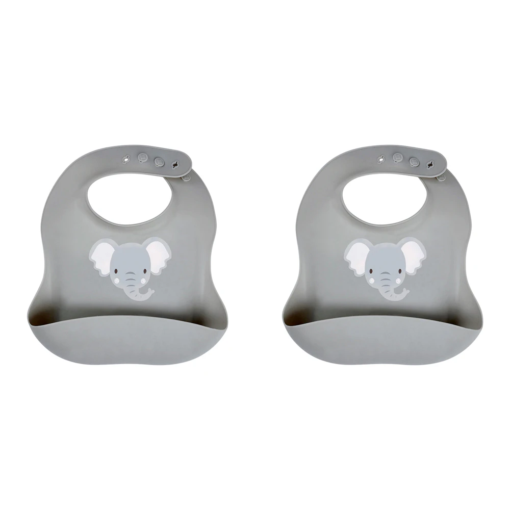 2x Splosh Baby Elephant Silicone Feeding Bib Adjustable Food Catcher 24cm GRY 0+