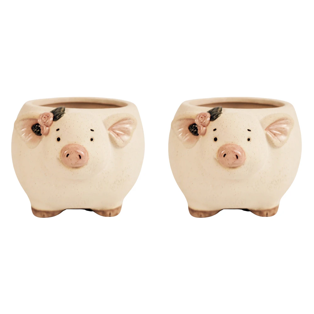 2x Urban 9.5cm Ceramic Pig w/ Flowers Planter Plant Pot Home/Garden Decor Sand