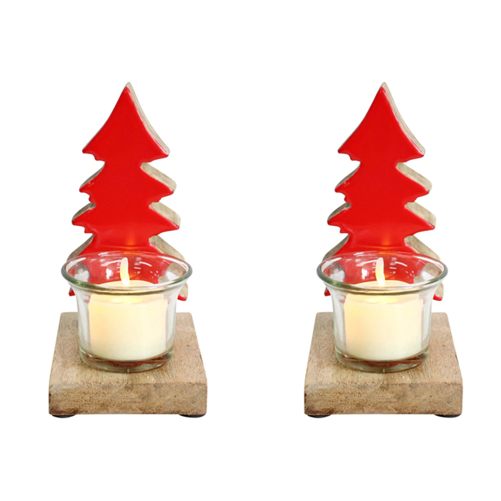 2x Wood/Glass 15cm Tree Tealight Round Holder Decorative Christmas Display Red