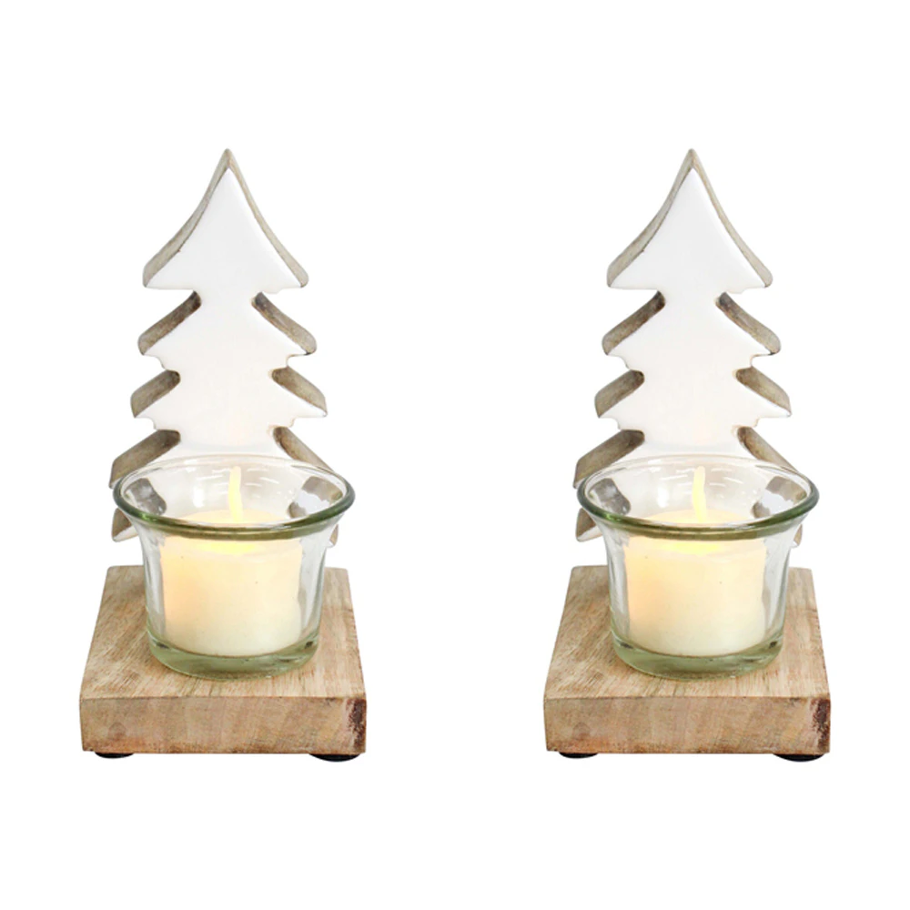 2x Wood/Glass 15cm Tree Tealight Holder Home Decorative Christmas Display White