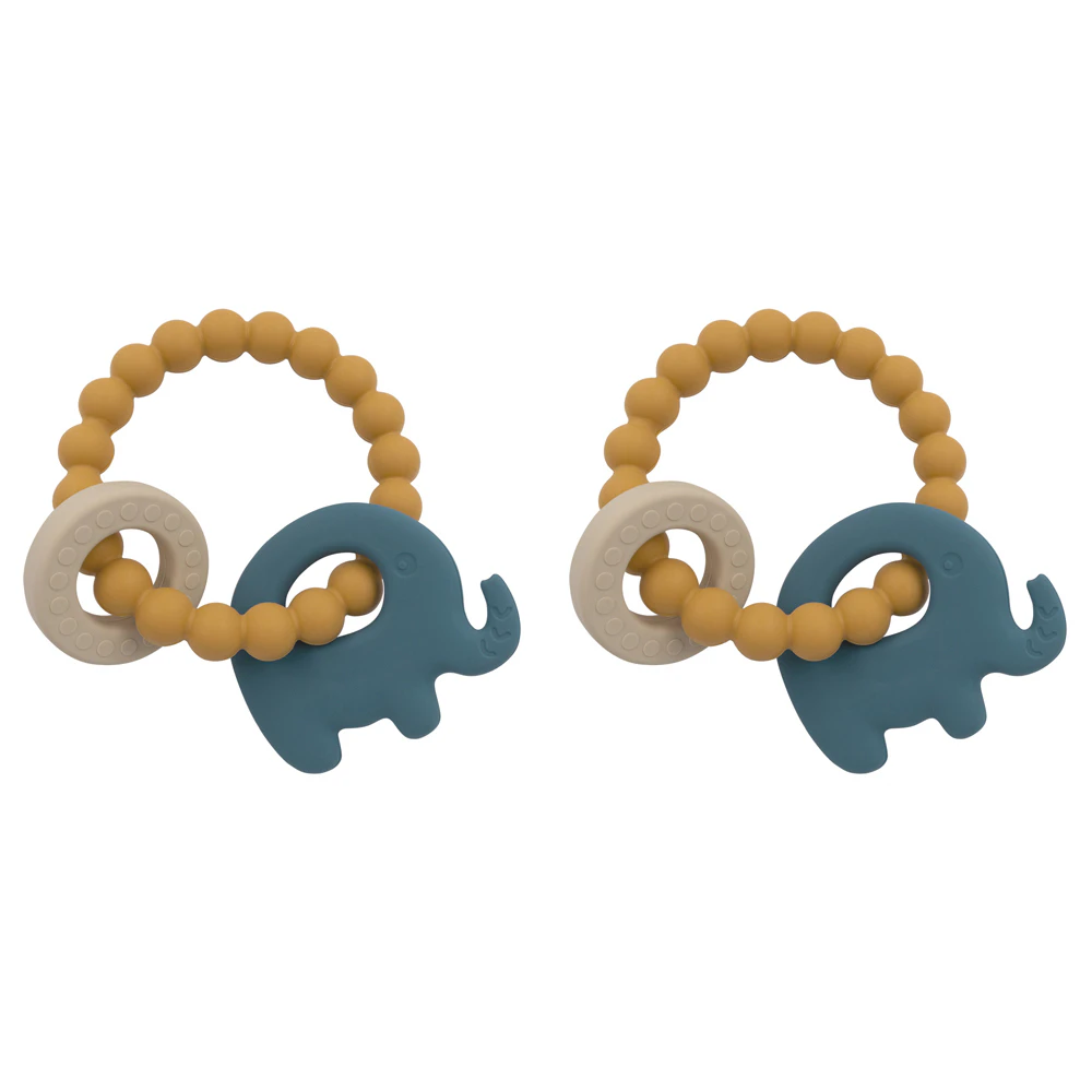 2x Playground Baby 11cm Silicone/Beechwood Elephant Teether/Teething 3m+ Blue