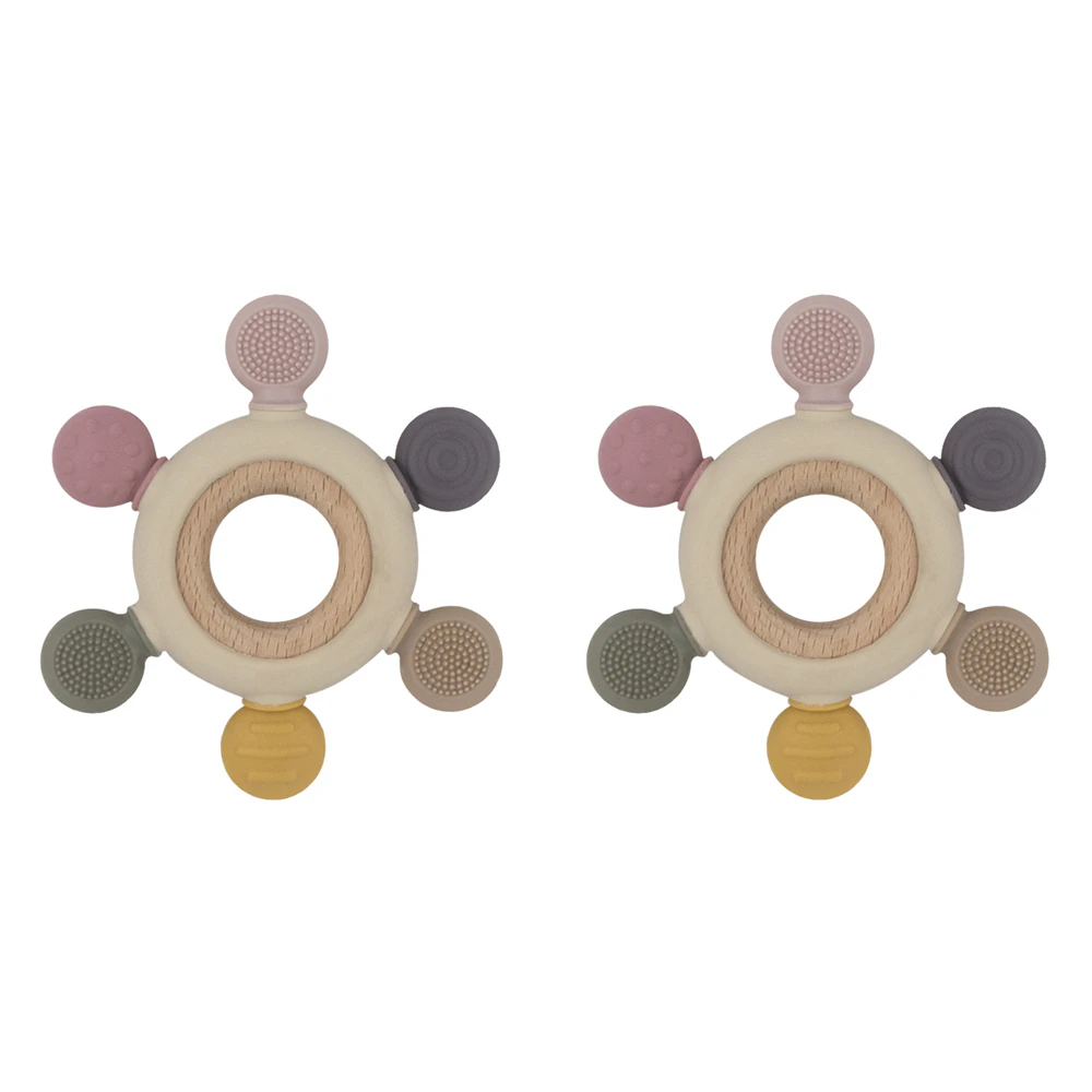 2x Playground Multi-Surface Baby 11cm Silicone/Beechwood Teething Wheel 3m+ Rose