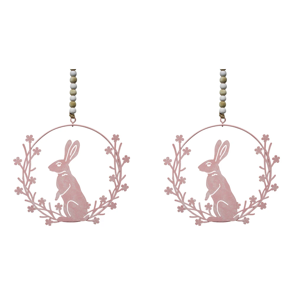 2x Metal 13.5cm Hanging Rabbit Wreath Home/Garden Decor Ornament Figurine Pink