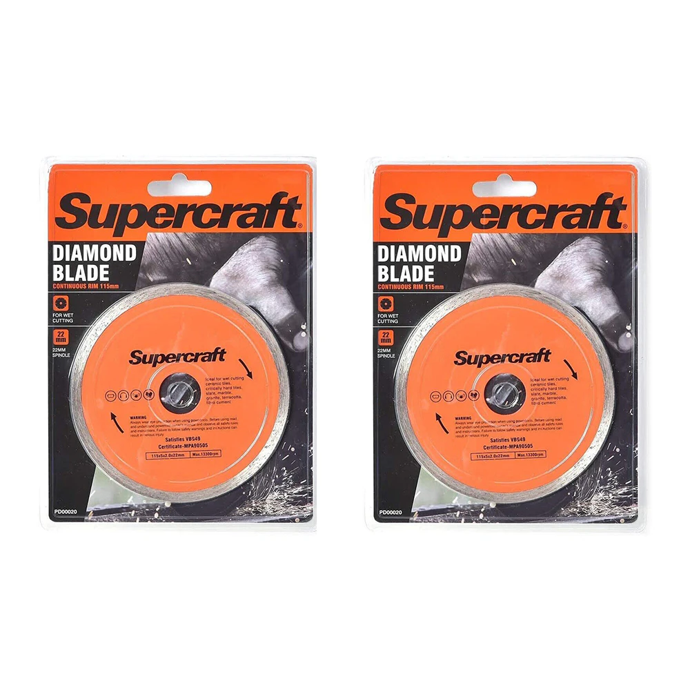 2x Supercraft Wet Cutting 115mm Diamond Blade Continuous Rim For 20mm Spindle