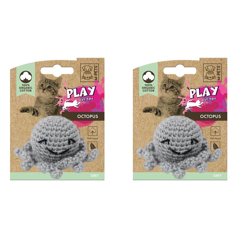 2x M-Pets 7x5cm Cat/Kitten Pet Cotton Octopus w/ Catnip Interactive Fun Toy Grey