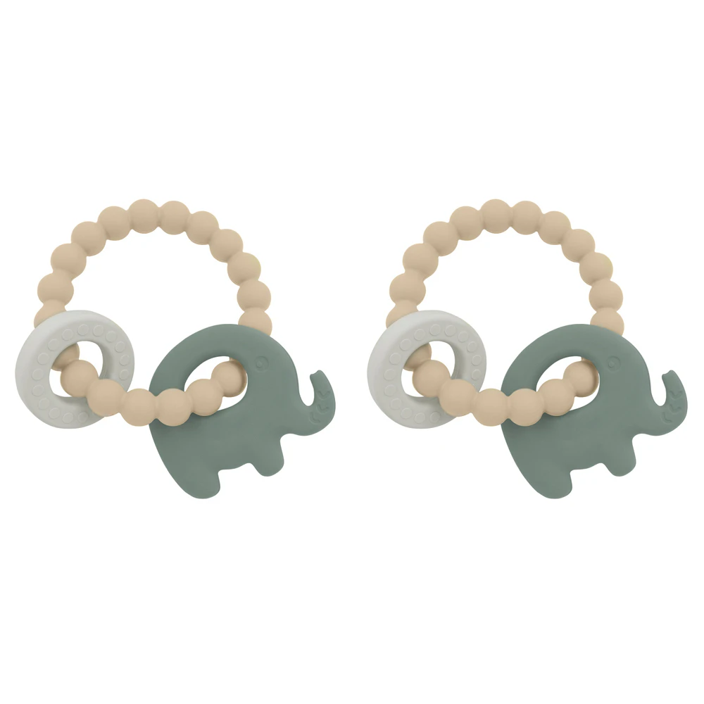 2x Playground Baby 11cm Silicone/Beechwood Elephant Teether Teething 3m+ Sage