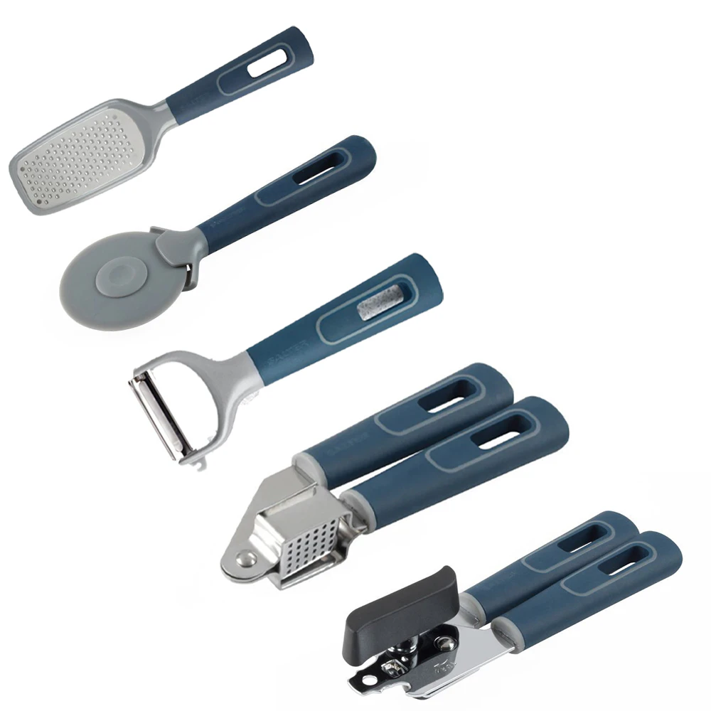 5PK Salter Indigo Peeler/Garlic Press/Can Opener/Pizza Cutter/Zester Combo Set