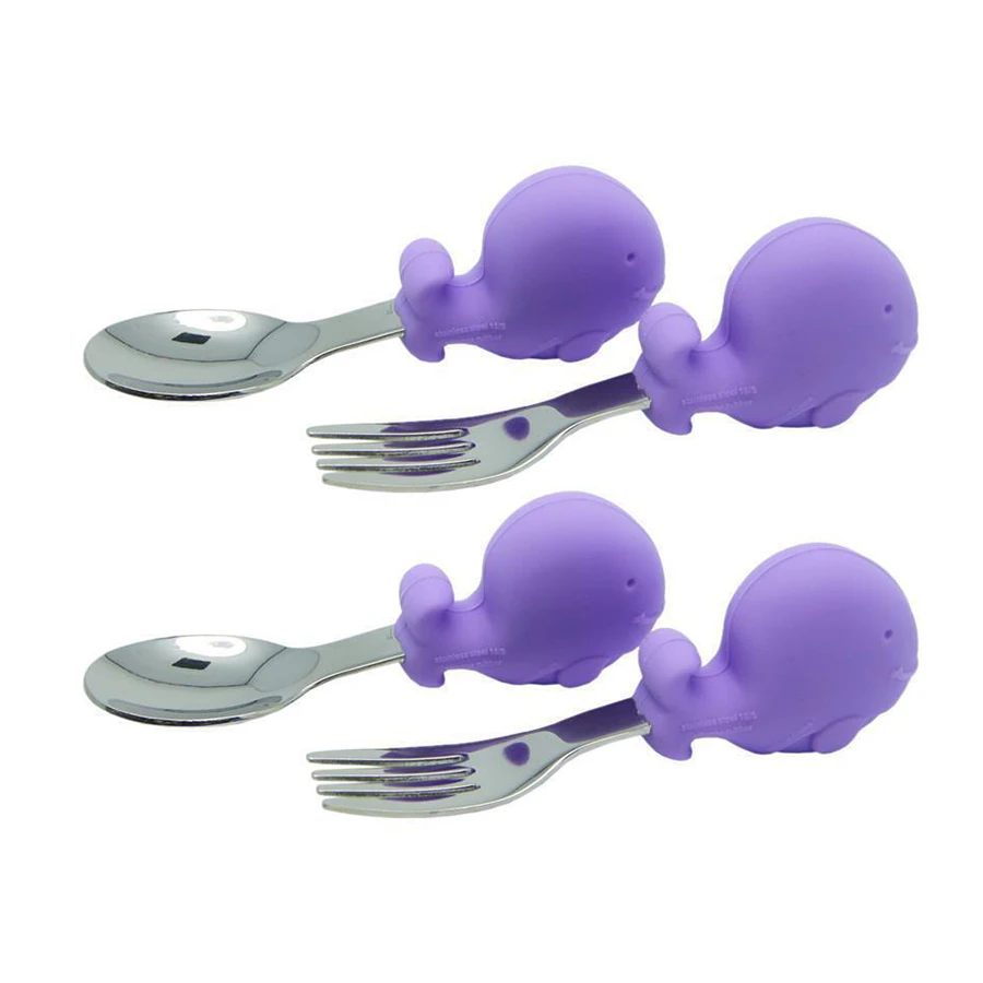 4pc Marcus & Marcus Willo Whale Palm Grasp Cutlery Spoon/Fork Baby 18m+ Lilac