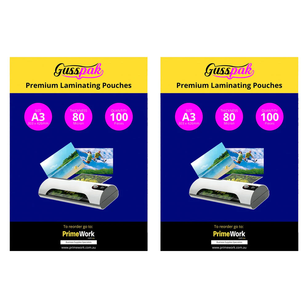 200pc Gusspak Laminating Protective Pouches A3 Page/Poster 80 Micron Gloss