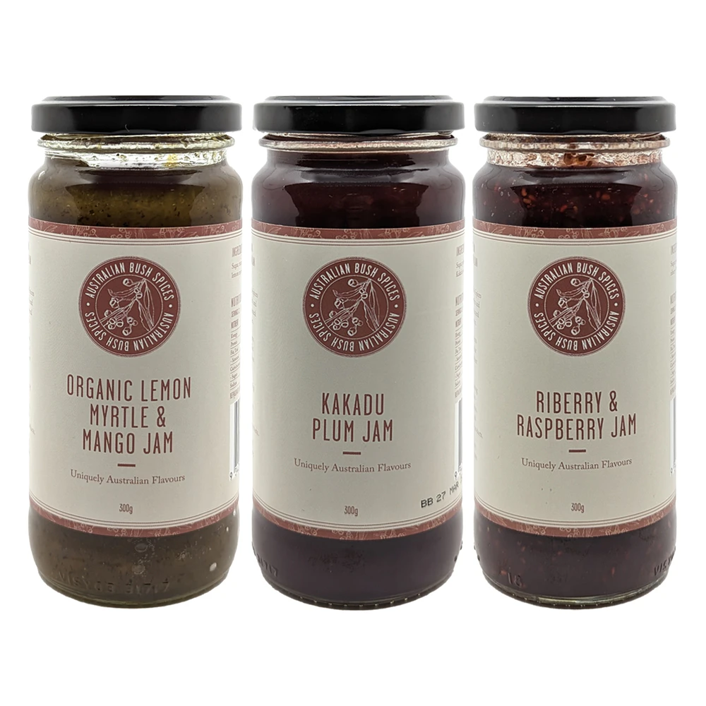 Australian Bush Spices Riberry/Raspberry, Lemon Myrtle/Mango, Kakadu Plum Jam