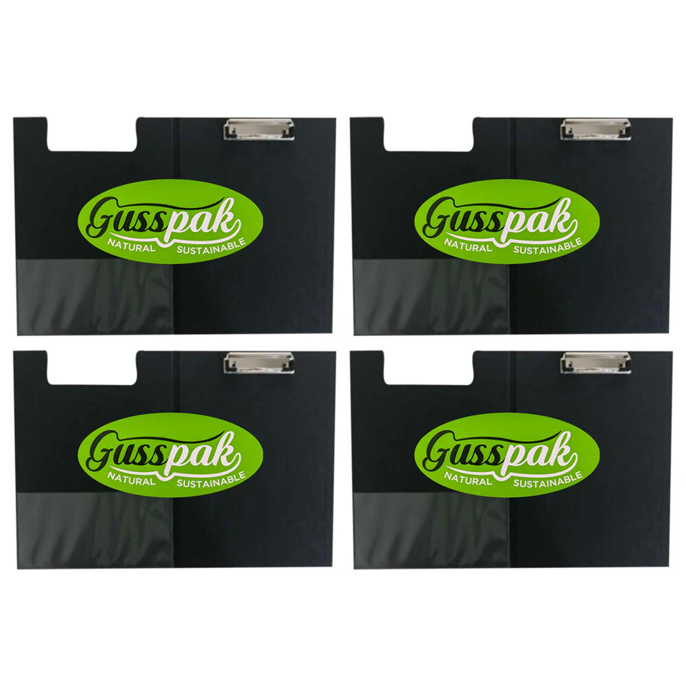 4PK Gusspak Durable Plastic Folding Clipboard A4/A3 Paper - Black w/Plastic Slip