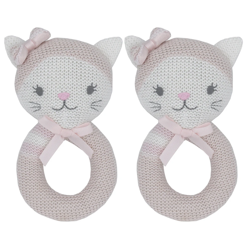 2PK Living Textiles Baby/Newborn/Infant Cotton Daisy the Cat Knitted Rattle Set