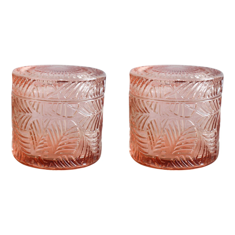 2x Leaves Oasis Glass 9cm Trinket Storage w/ Lid Round Jewellery Organiser Pink