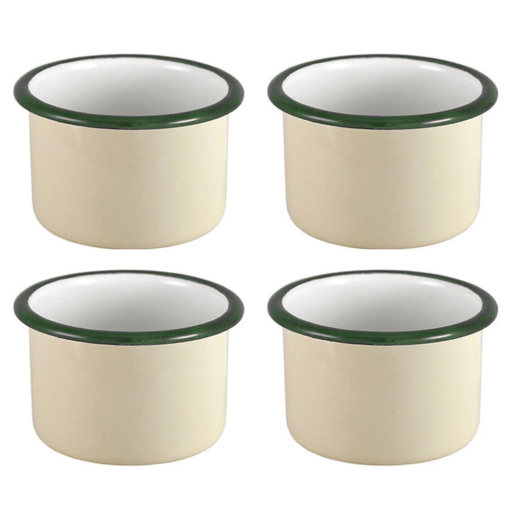 4x Urban Style Enamelware 7xcm Ramekin Bowl Sauce Container w/ Green Rim Cottage