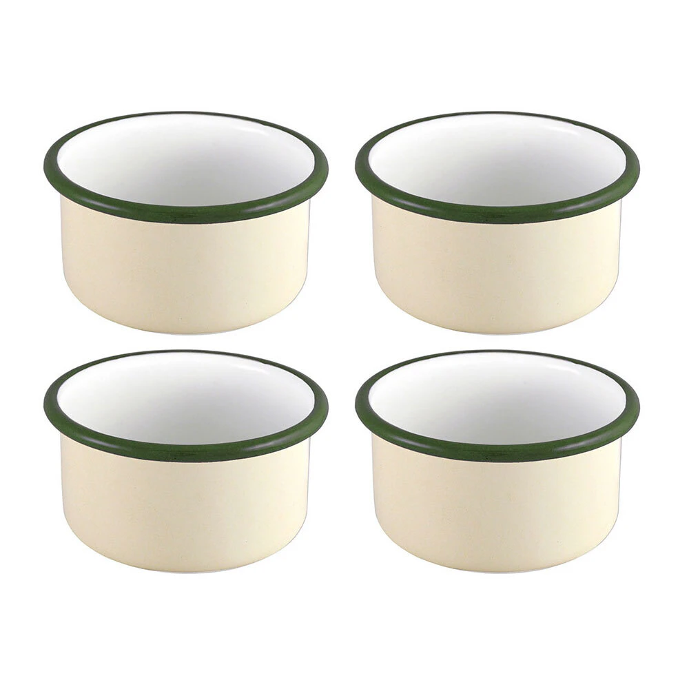 4x Urban Style Enamelware 8cm Ramekin Bowl Sauce Container w/ Green Rim Cottage