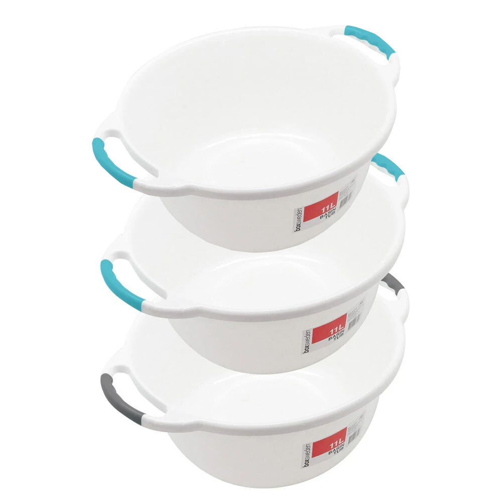 3 x Boxsweden Basin Round 11L w/ Handles Washing Container Bucket Storage Assort