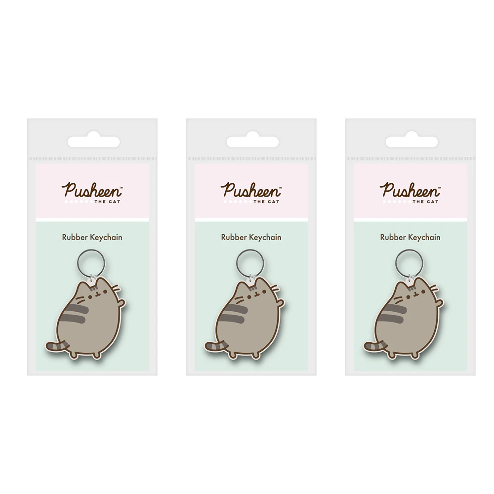 3x Pusheen Standing Cat Themed Cartoon Novelty Keyring Rubber Keychain Set