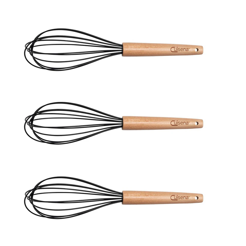 3x Cuisena 26cm Beech Wood Silicone Whisk Mixer/Stirrer Baking Kitchen Utensil