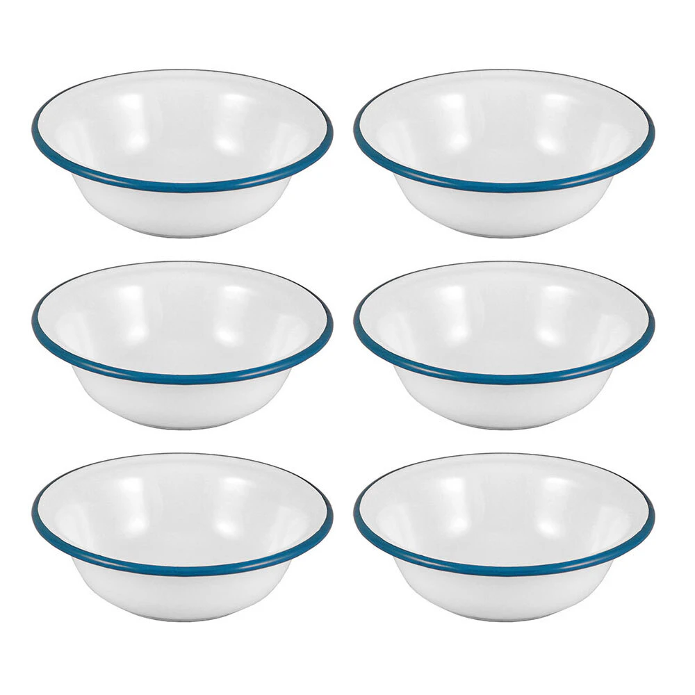 6x Urban Style Enamelware 14cm/350ml Salad Basin/Bowl w/ Blue Rim White Round