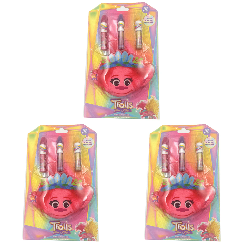 3x 4pc Trolls Lip Gloss Set Kids/Children Fun Cosmetic Fruit Scented w/Purse 5y+