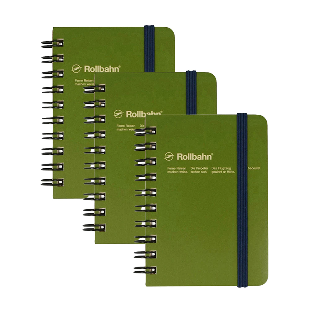 3x Delfonics Rollbahn Mini Spiral Bound Grid Notebook 70gsm Paper 120 Page Olive