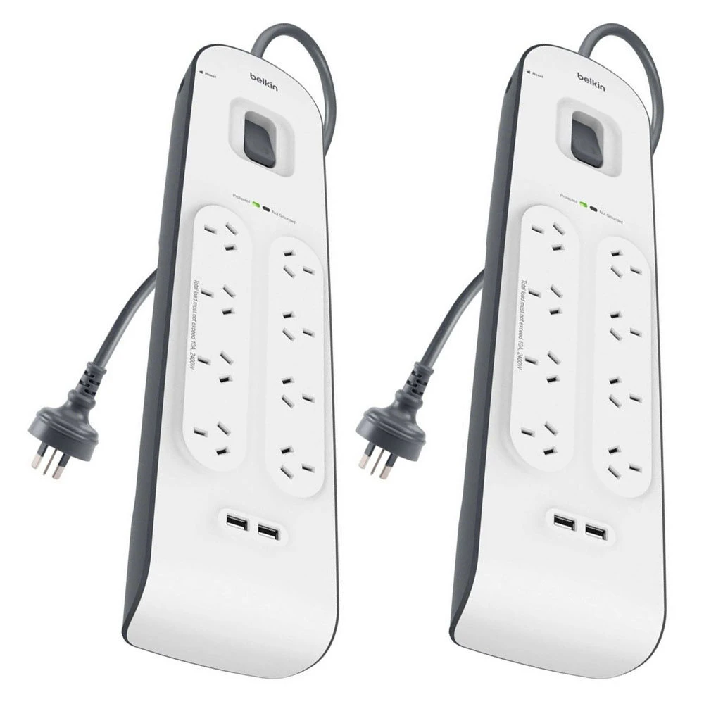 2x Belkin 8 Way Outlet Surge Protector 2M Power Board 2.4A w/ 2 USB Port Charger