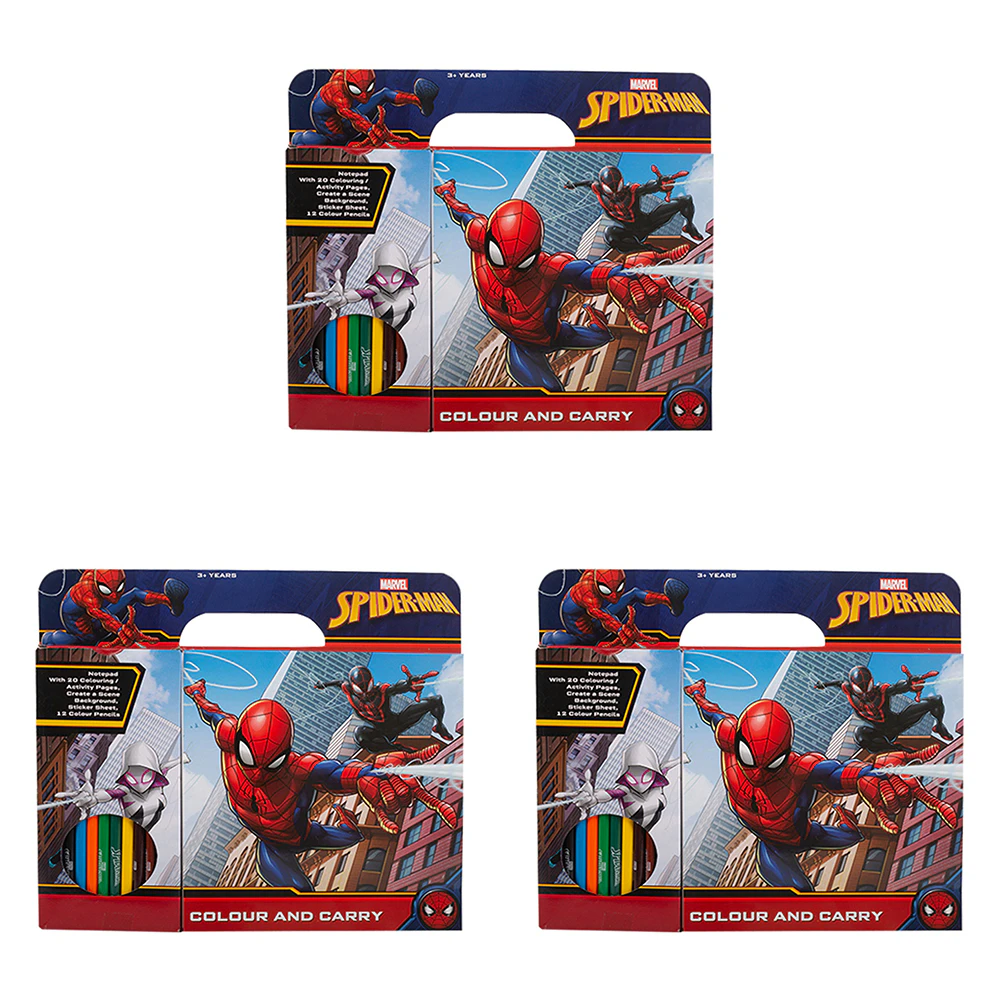 3x Spiderman Colour & Carry Kids/Children Colouring Notepad Activity Kit Set 3y+