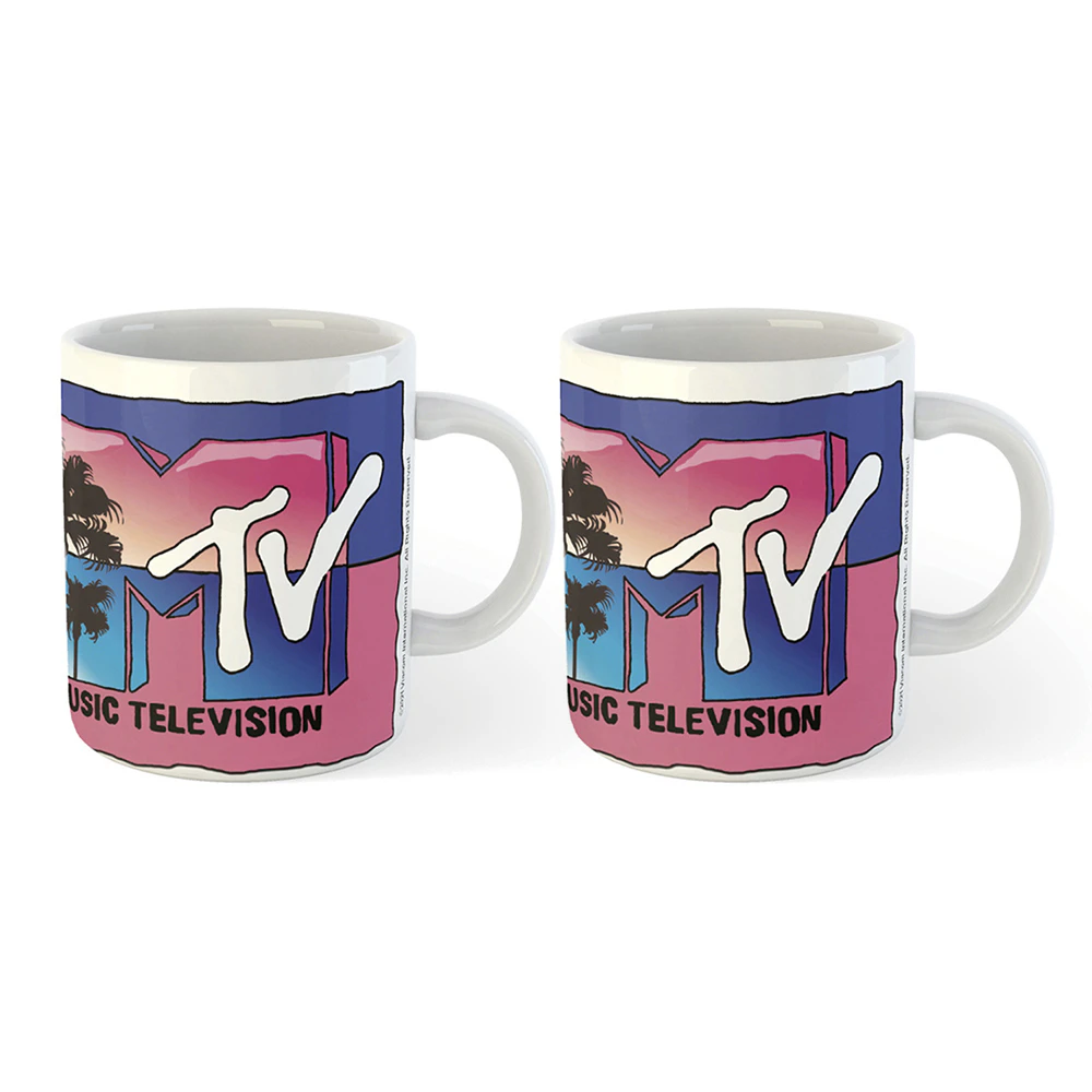 2x MTV Retro 90s Palmtrees Sunset Logo Themed Coffee Mug Drinking Cup 300ml