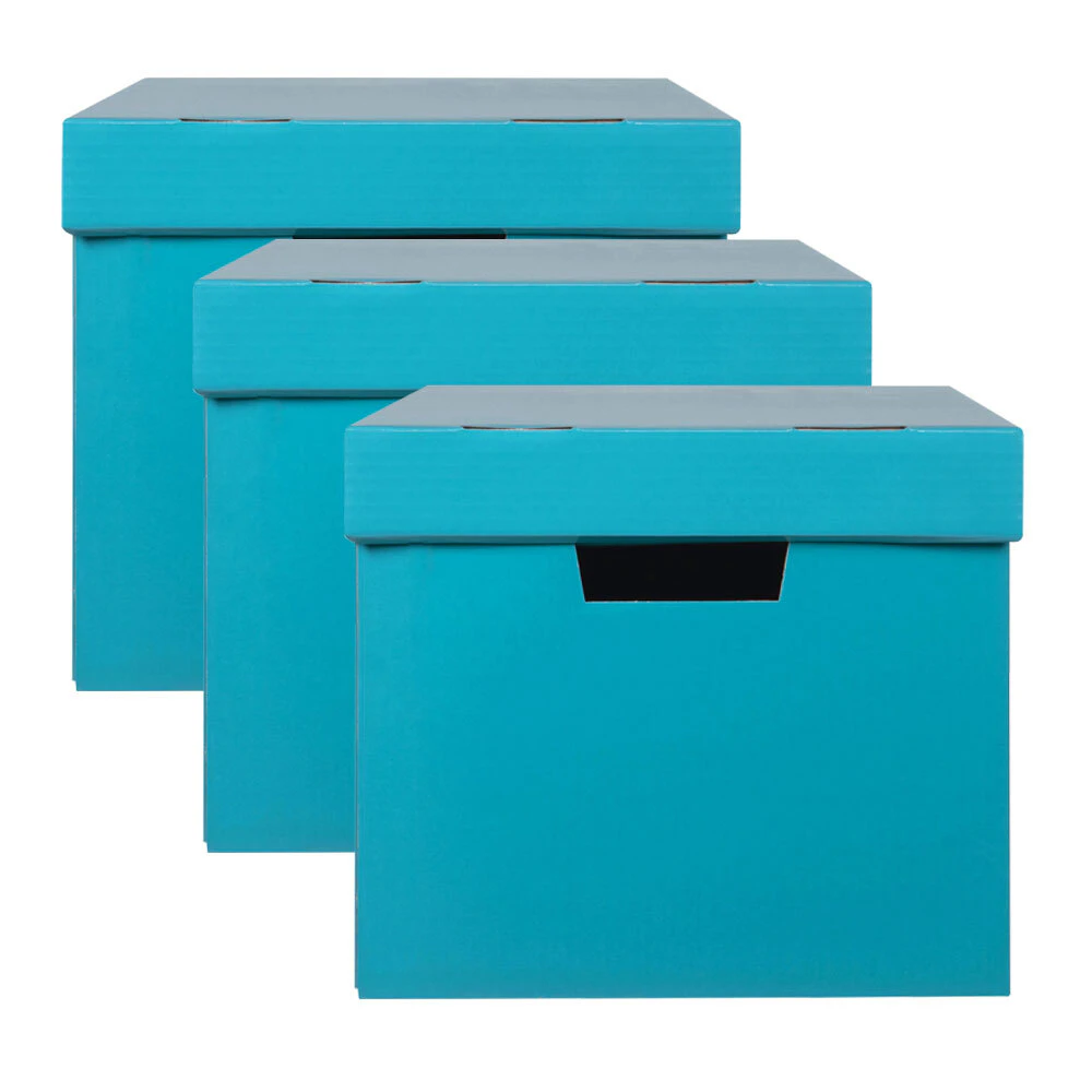 3PK Marbig 41.5cm Archive Box Document Holder Organiser File Storage w/ Lid Teal