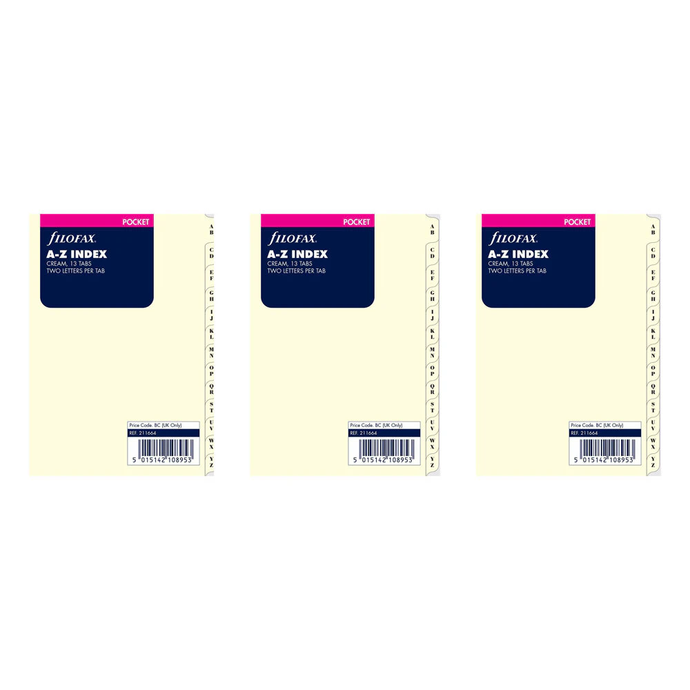 3x Filofax Pocket A-Z Index 13-Tab Refill Pack Contact/Name Task Organiser Cream