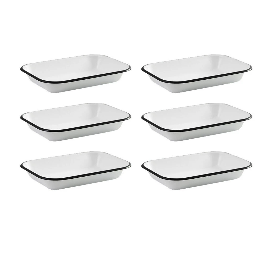 6x Urban Style Enamelware 14cm Pickle Tray Rectangle Food Bowl w/Black Rim White