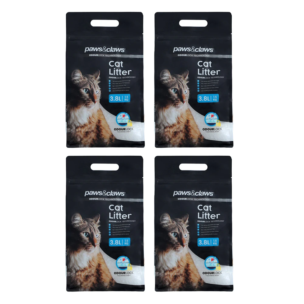 4x Paws & Claws Cat Litter 3.8L Odourlock Fast Absorb Moist Silica Gel Crystal