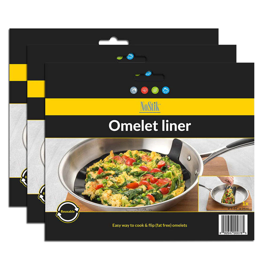 3x Nostik Reusable 24cm Round Non-Stick Omelet Liner Cooking Mat Sheet Pad Black