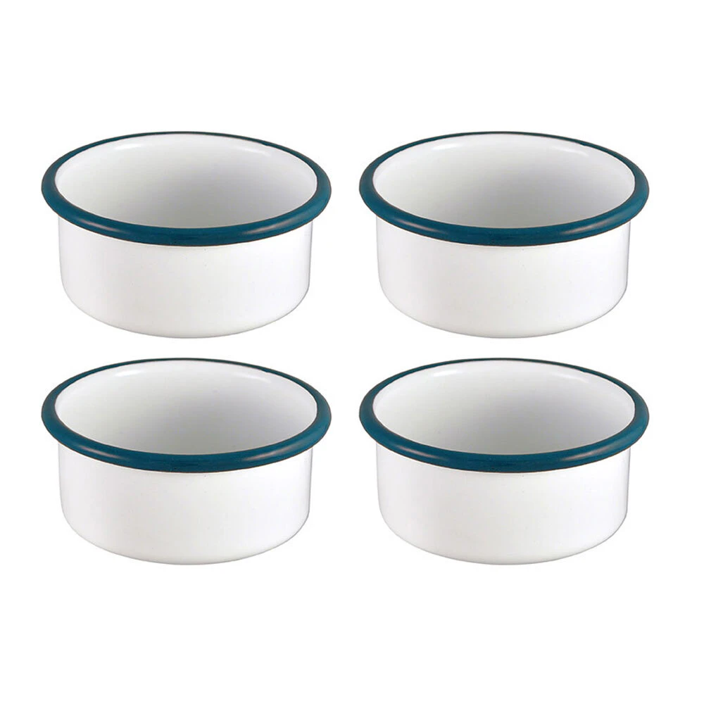 4x Urban Style Enamelware 8cm Ramekin Bowl Dip/Sauce Container w/ Blue Rim White