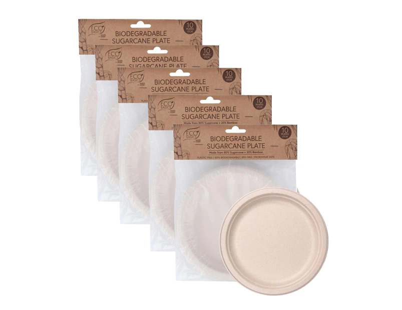 5x 10pc Eco Basic 17cm Biodegradable Sugarcane Dining Round Plate Picnic/Party