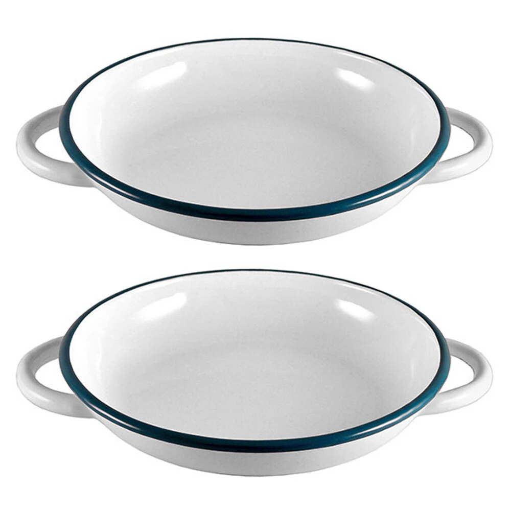 2x Urban Style Enamelware 22cm Ragout Plate Dinner Dish w/ Blue Rim/Handle WHT