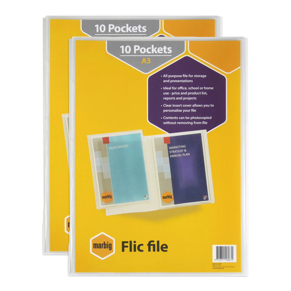 2x Marbig Flic File 10-Pocket A3 Display Book w/ Insert Cover Paper Holder Clear