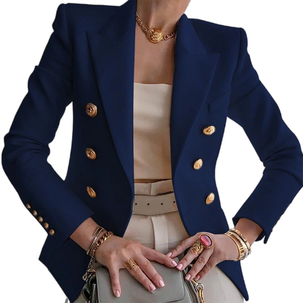 Womens Solid Slim Fit Double Breasted Peak Lapel Blazer Long Sleeve Jacket Coat Cardigan