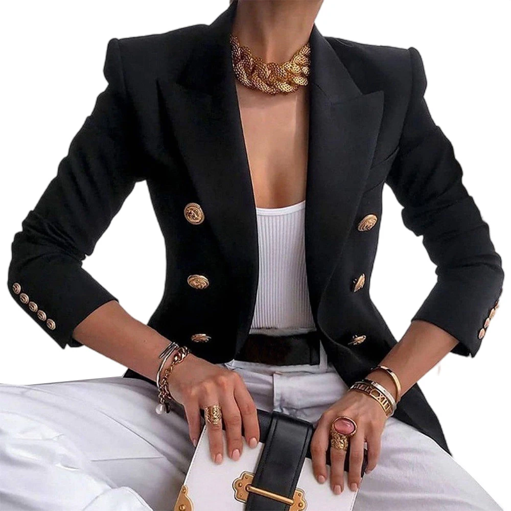 Womens Solid Slim Fit Double Breasted Peak Lapel Blazer Long Sleeve Jacket Coat Cardigan