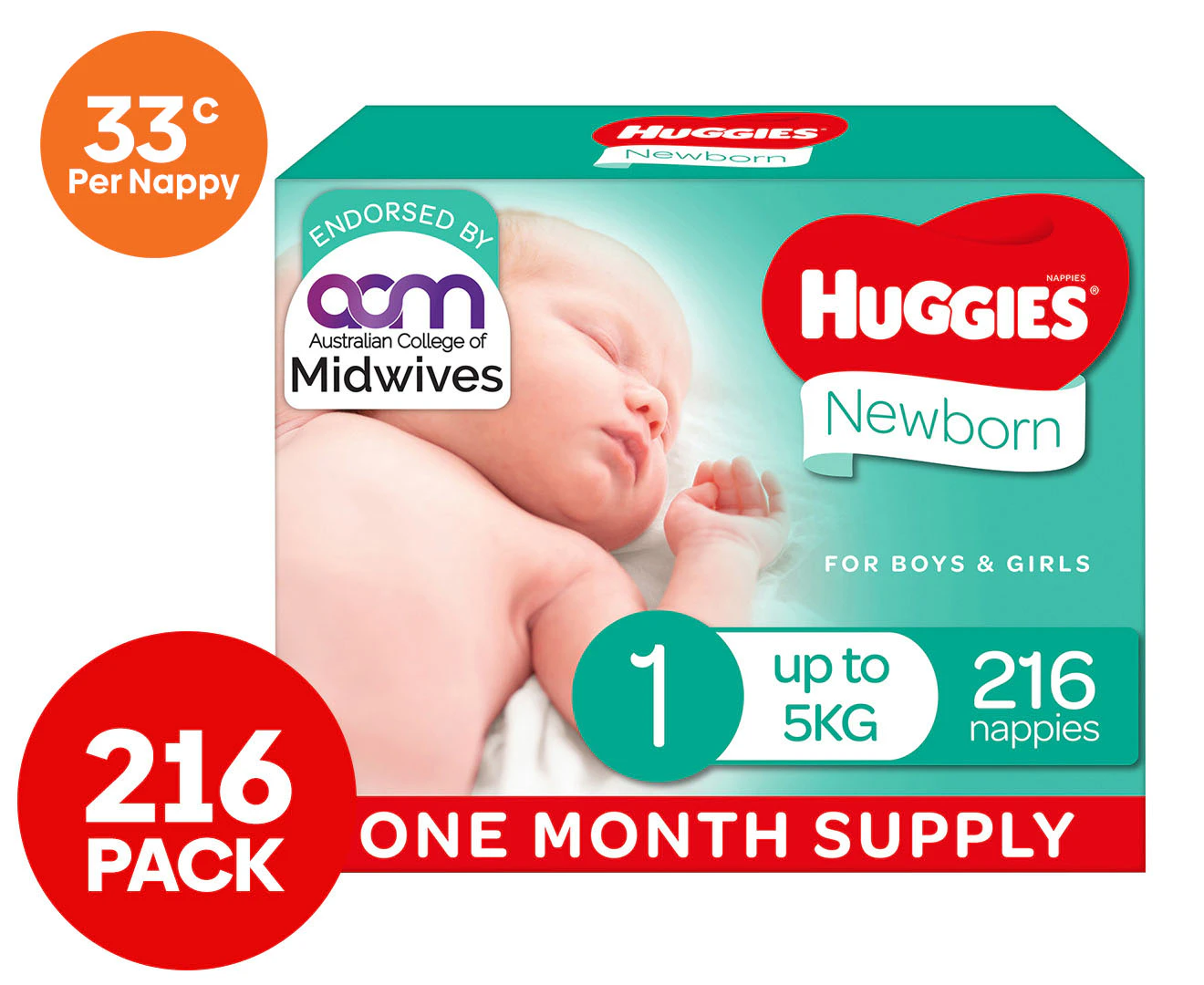 Huggies Newborn Size 1 Up To 5kg Nappies 216pk