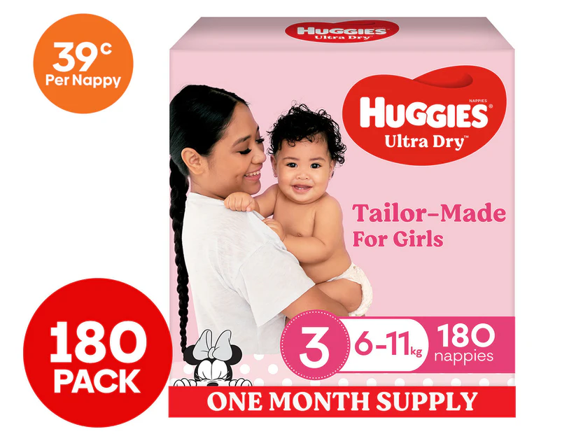 Huggies Ultra Dry For Girls Size 3 6-11kg Nappies 180pk