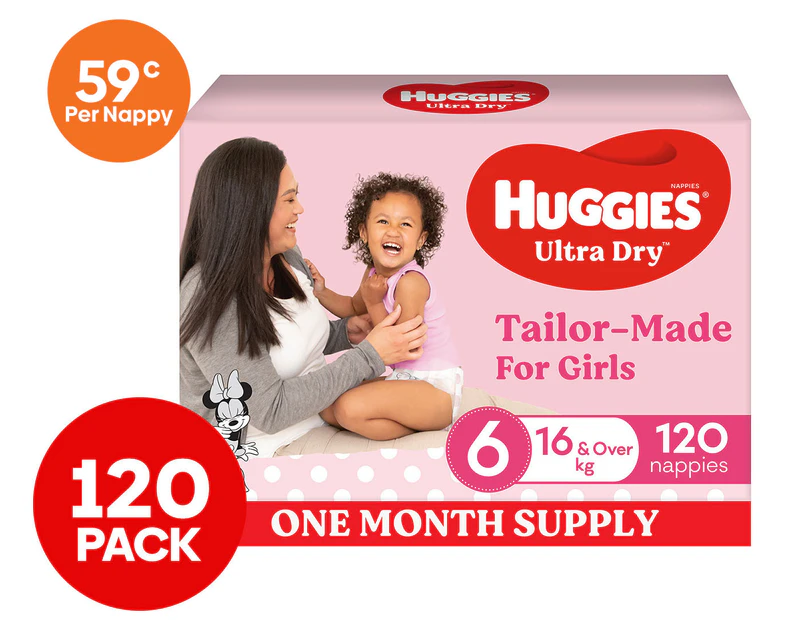Huggies Ultra Dry For Girls Size 6 16kg+ Nappies 120pk