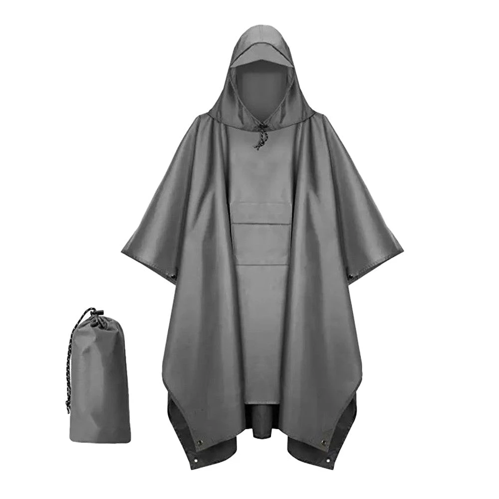 3-in-1 Unisex Hooded Rain Poncho Raincoat Jacket for Hiking Camping Gray