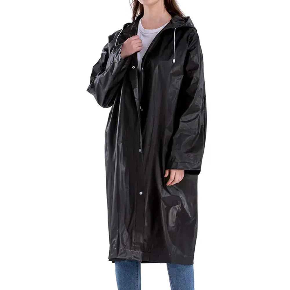 Reusable Unisex Raincoat Non-Disposable Raincoat Waterproof Hooded Poncho Black