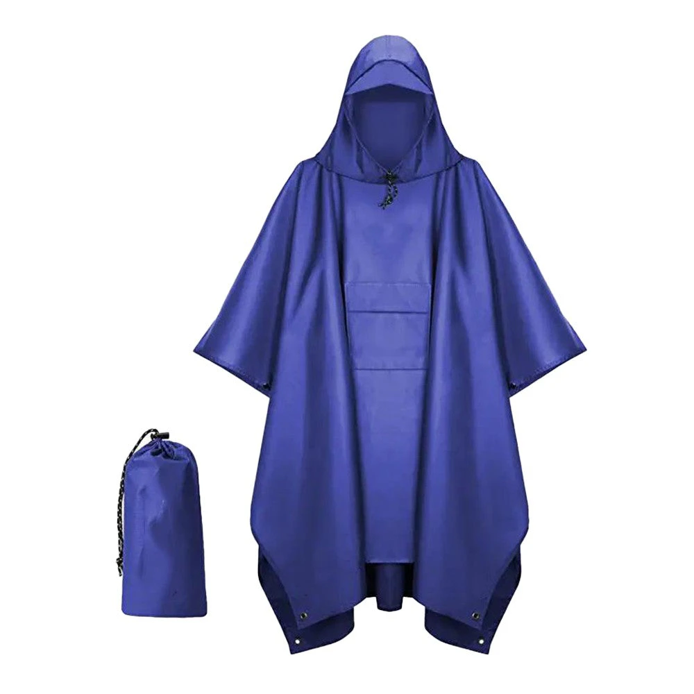 3-in-1 Unisex Hooded Rain Poncho Raincoat Jacket for Hiking Camping Blue