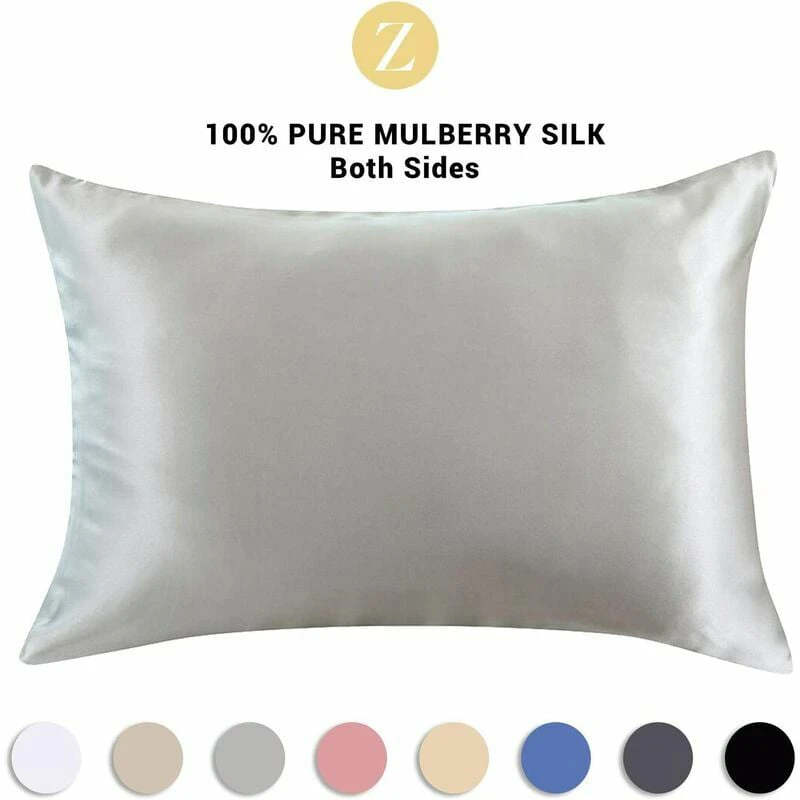 100% Natural Mulberry Silk Pillowcase - For Hair and Skin - 19mm Silk on Both Sides - 1 Unit, Silk, Silver Grey, Standard 50 x 75 cm