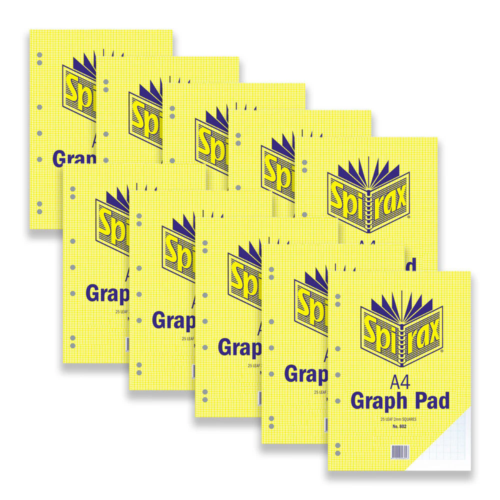 10pc Spirax 802 School Graph Pad A4 Grid Notebook 2mm Squares 25-Pages Yellow