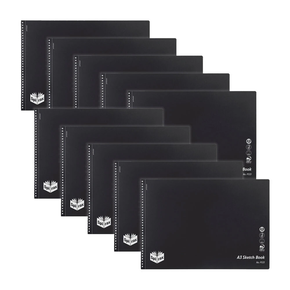 10pc Spirax P533 A3 Sketch Book School Writing Notebook Twin Wire 40-Pages Black