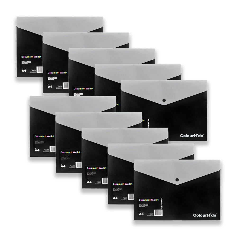 10pc Colourhide A4 Document Wallet Envelope Paper/File Organiser Rectangle Black