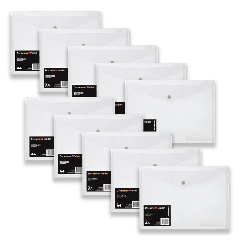 10pc Colourhide A4 Document Wallet Envelope Paper/File Organiser Rectangle Clear